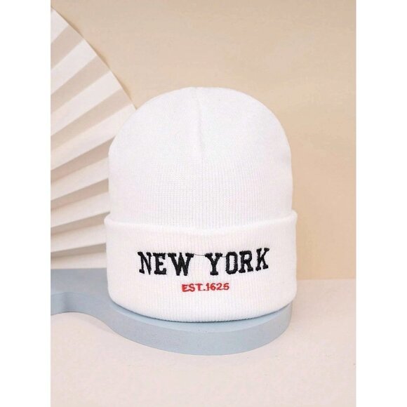 NEW SHEIN Solid White NEW YORK Beanie UNISEX Adult Size OS - Picture 2 of 6
